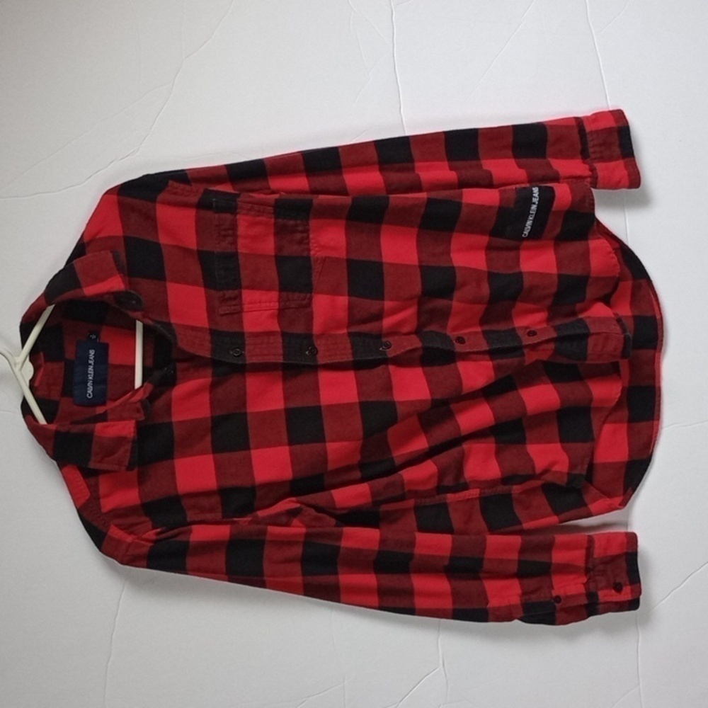 Calvin Klein Jeans Men's Red Plaid Flannel Long Sleeve Button Up Shirt Medium
